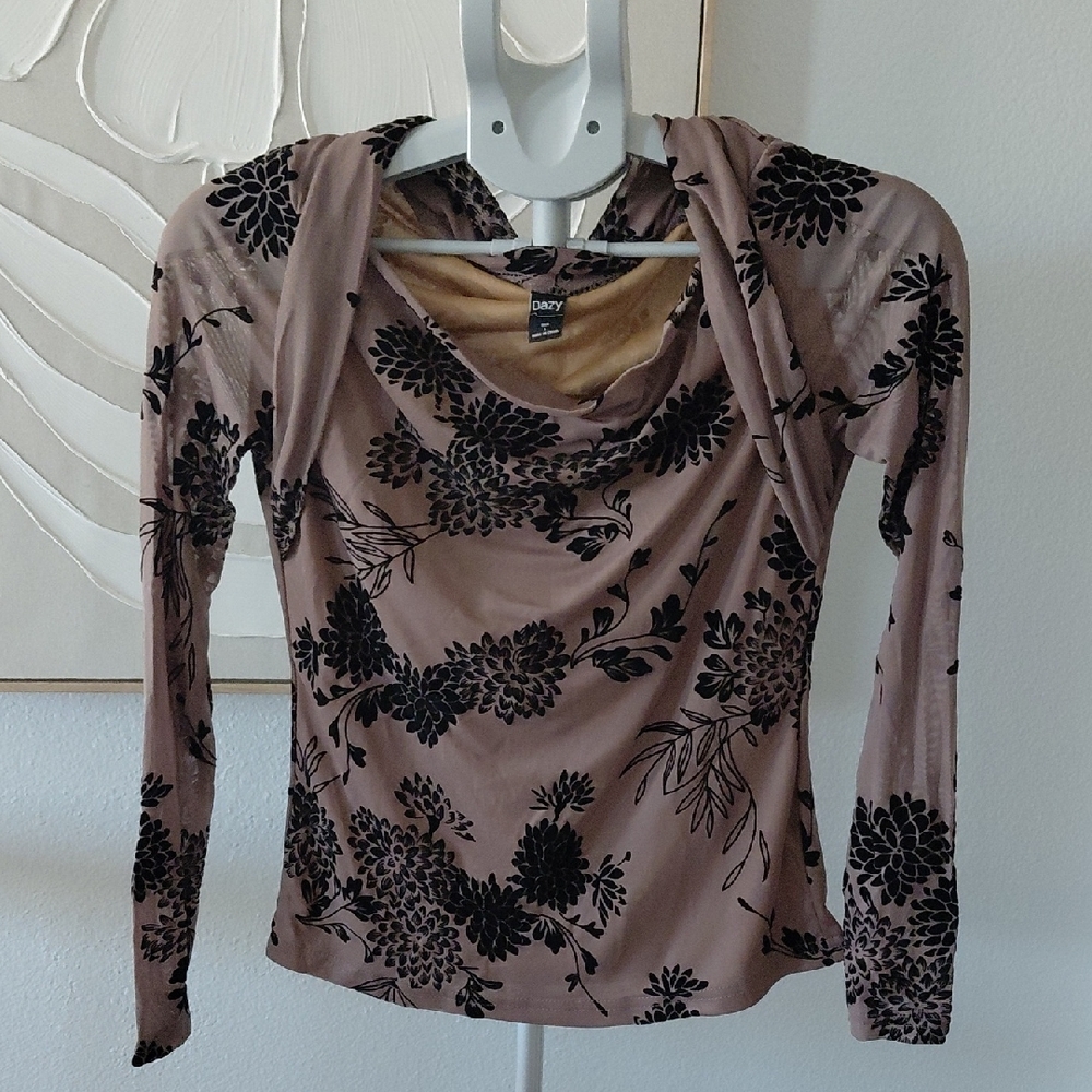 DKNY Women's Floral Cowl Neck Blouse - Black and Tan